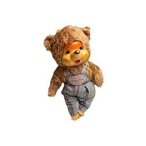 Vintage Monchhichi Thumb Sucking Wuschel Bear Stuffed Animal Overalls Toy RARE